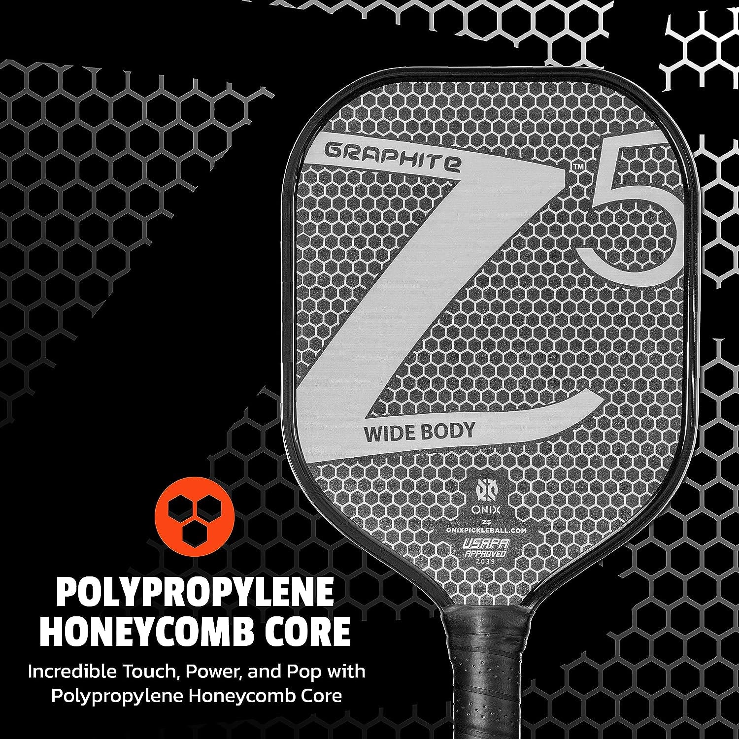 Graphite MOD Z5 Carbon Fiber Pickleball Paddle with Wide-Body Shape. Honeycomb Core, Graphite Face & Cushion Comfort Pickleball Paddle Grip