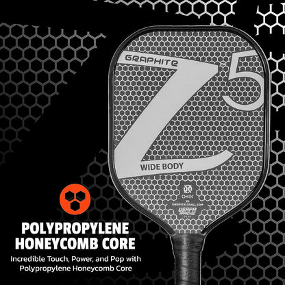 Graphite MOD Z5 Carbon Fiber Pickleball Paddle with Wide-Body Shape. Honeycomb Core, Graphite Face & Cushion Comfort Pickleball Paddle Grip