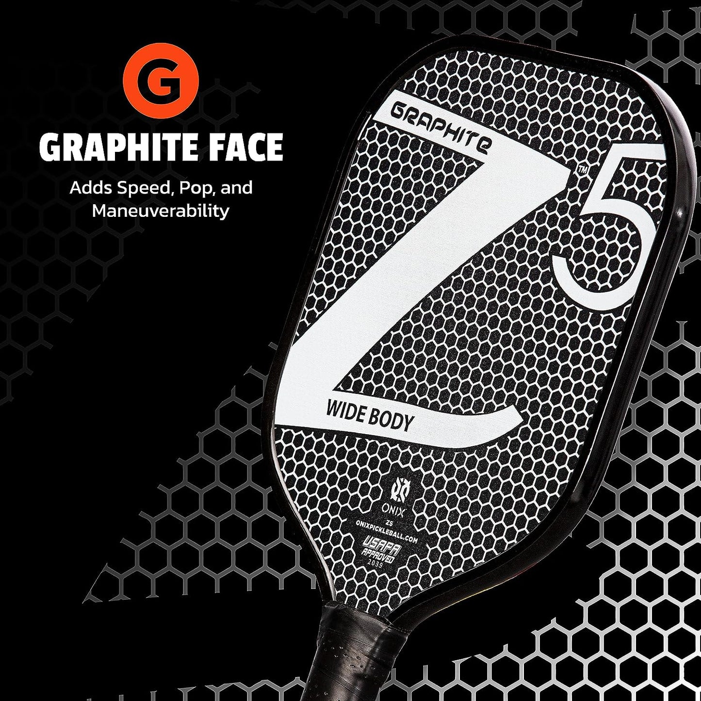 Graphite MOD Z5 Carbon Fiber Pickleball Paddle with Wide-Body Shape. Honeycomb Core, Graphite Face & Cushion Comfort Pickleball Paddle Grip